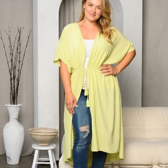 NEW! PLUS Size Long Boho Kimono Tie Front Lime Short Sleeve Hippie Beach Cover - Picture 1 of 2